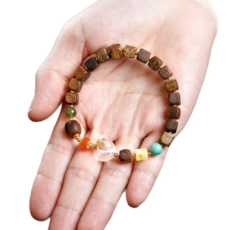 Chinese Style 8mm Green Qinan Agarwood Square Bead Bracelet With Clear Quartz Red Agate Turquoise Beeswax Blessing Spiritual Jew