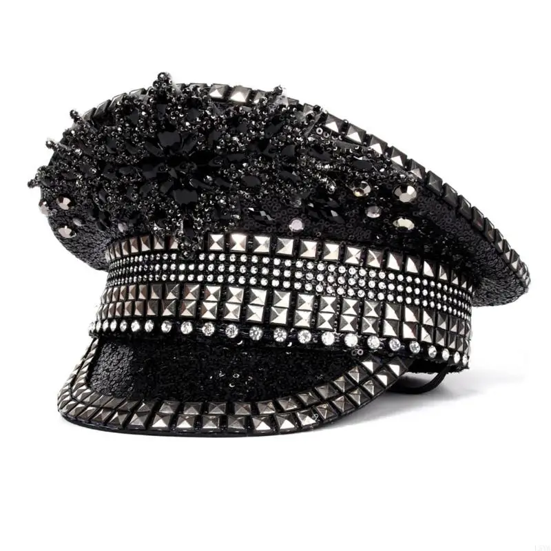 

L5YA Crystal Heavy Crystal Sequins Rivets Captain Hat for Actor Actress