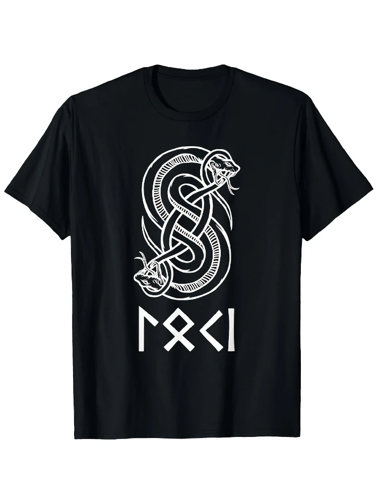 Loki Name in Norse Runes & Snake Symbol Pattern -100% Cotton Summer Short-Sleeved O-Neck Men's Printed T-Shirt.