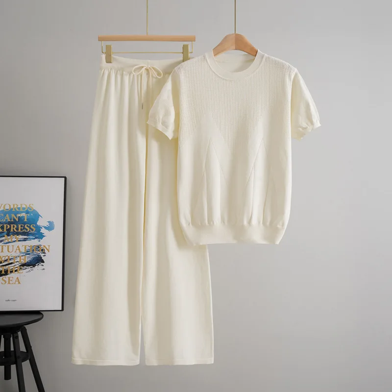 

Летние повседневные однотонные трикотажные комплекты из 2 предметов, женские свободные топы с круглым вырезом и короткими рукавами, широкие брюки с высокой талией, наряд B484