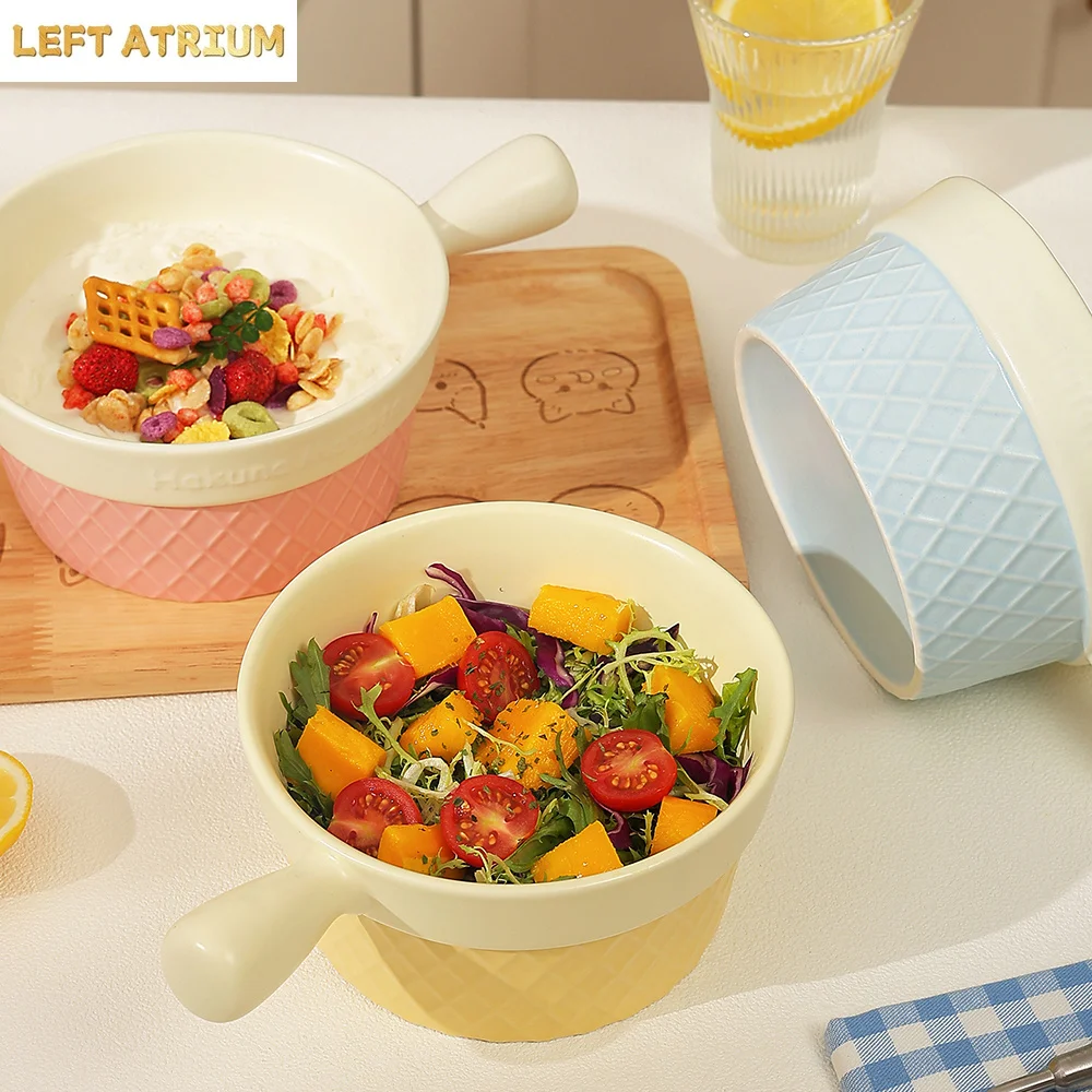 Korean Ins Porcelain Handgrip Bowl Round Contrast Color Ceramic Household Dinnerware Fruit Salad Yogurt Bowls Kitchen Supplies