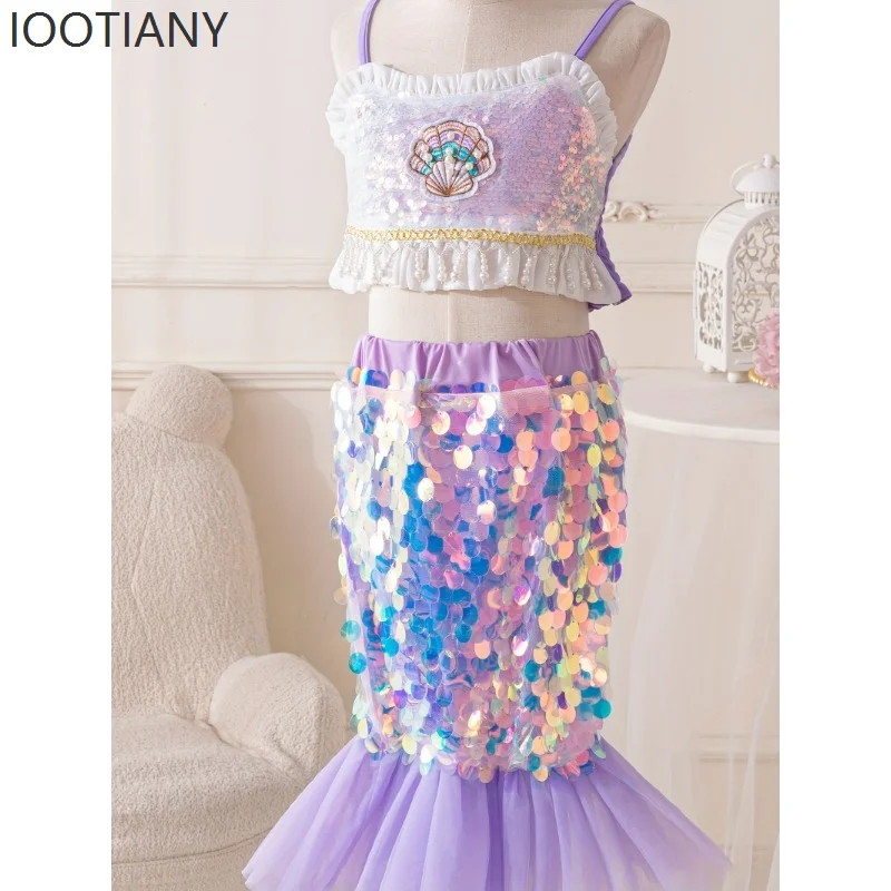 

Children's Mermaid Cosplay Costume Sweet Girl Purple Shiny Sequins Fishtail Skirt Set Hem Camisole Carnival Party Birthday 2025