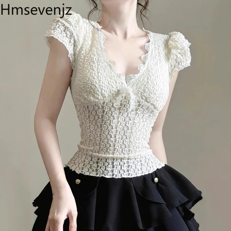 

Hmsevenjz V-neck Lace Hollow Out Shirt for Women's Summer Sexy Slim Fit Ruffle Sleeve Top Fashion Female Clothes