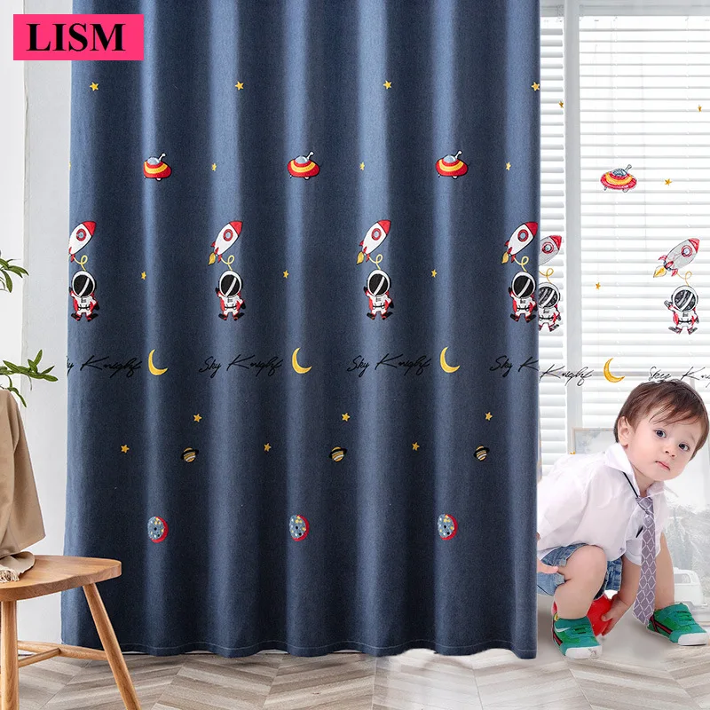 Children's Room Curtains Bedroom Astronaut Pilot Embroidered Curtain Cartoon Bay Window Blackout Blue Cloth Custom Cartoon Tulle