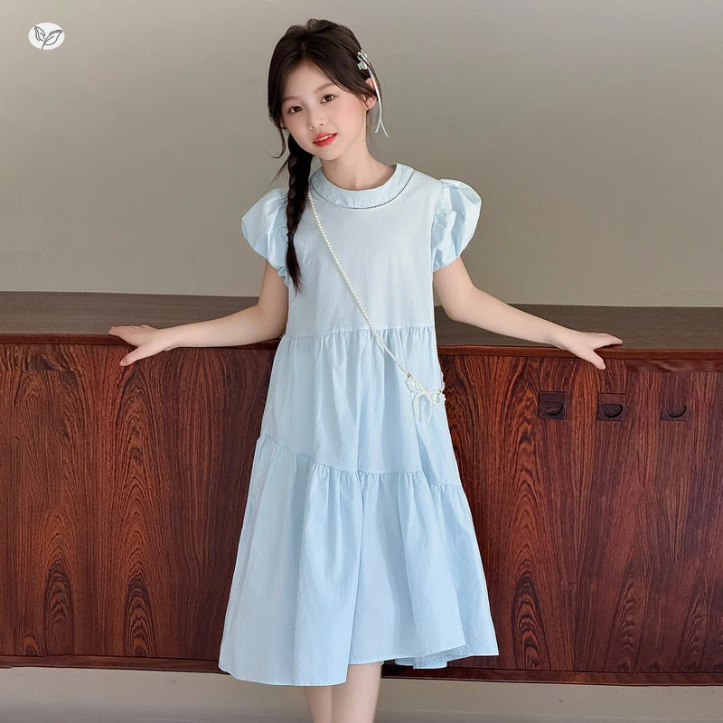Girls' Puff Sleeve Dress2026New Summer Collection: Sweet Princess Dress for Older Children, Cotton Dress with a High-End Feel