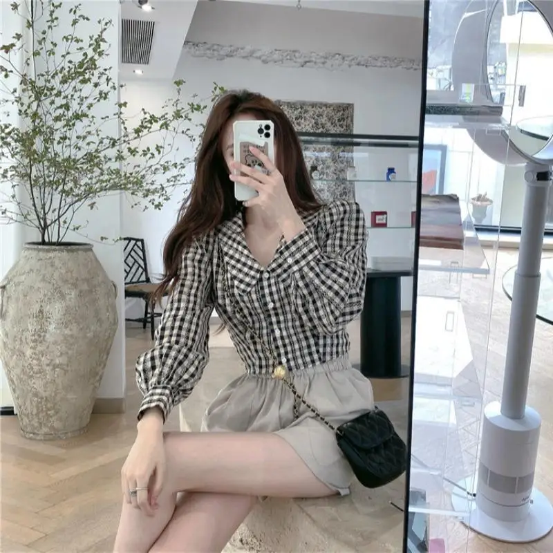 Shirts Women Plaid Peter Pan Collar Puff Sleeve Fashionable Student Slim Ulzzang Female Vintage Stylish Daily Tender All-match