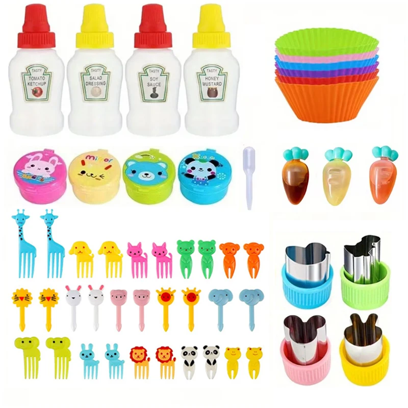 52pc Children's bento box accessorie including fork, silicone pancake cup mini tomato sauce squeeze bottle, bring back to school