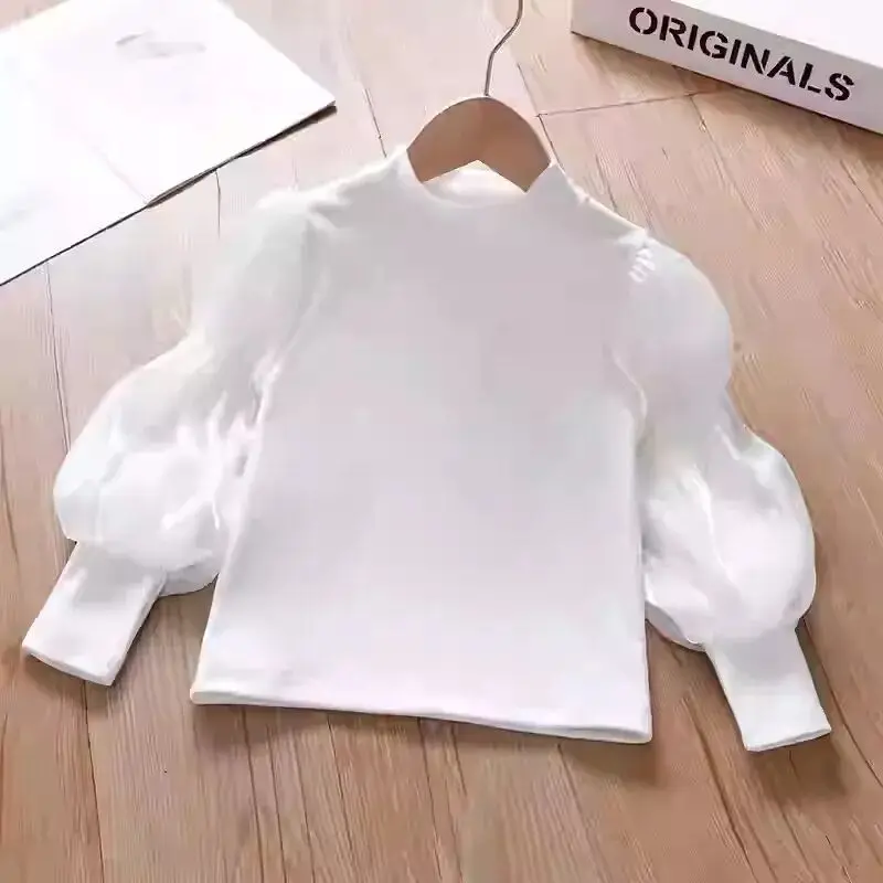 Teenage girl's T-shirt new children's bubble sleeve base shirt top, stylish baby princess long sleeved T-shirt