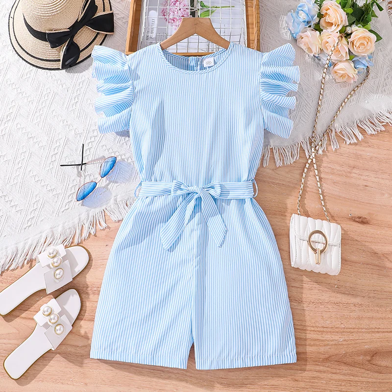 2024 New Fashion Girl Casual Jumpsuits 8-12 Years Blue Round Neck Flying Sleeve Jumpsuits With Detachable Belt Kid Daily Clothes