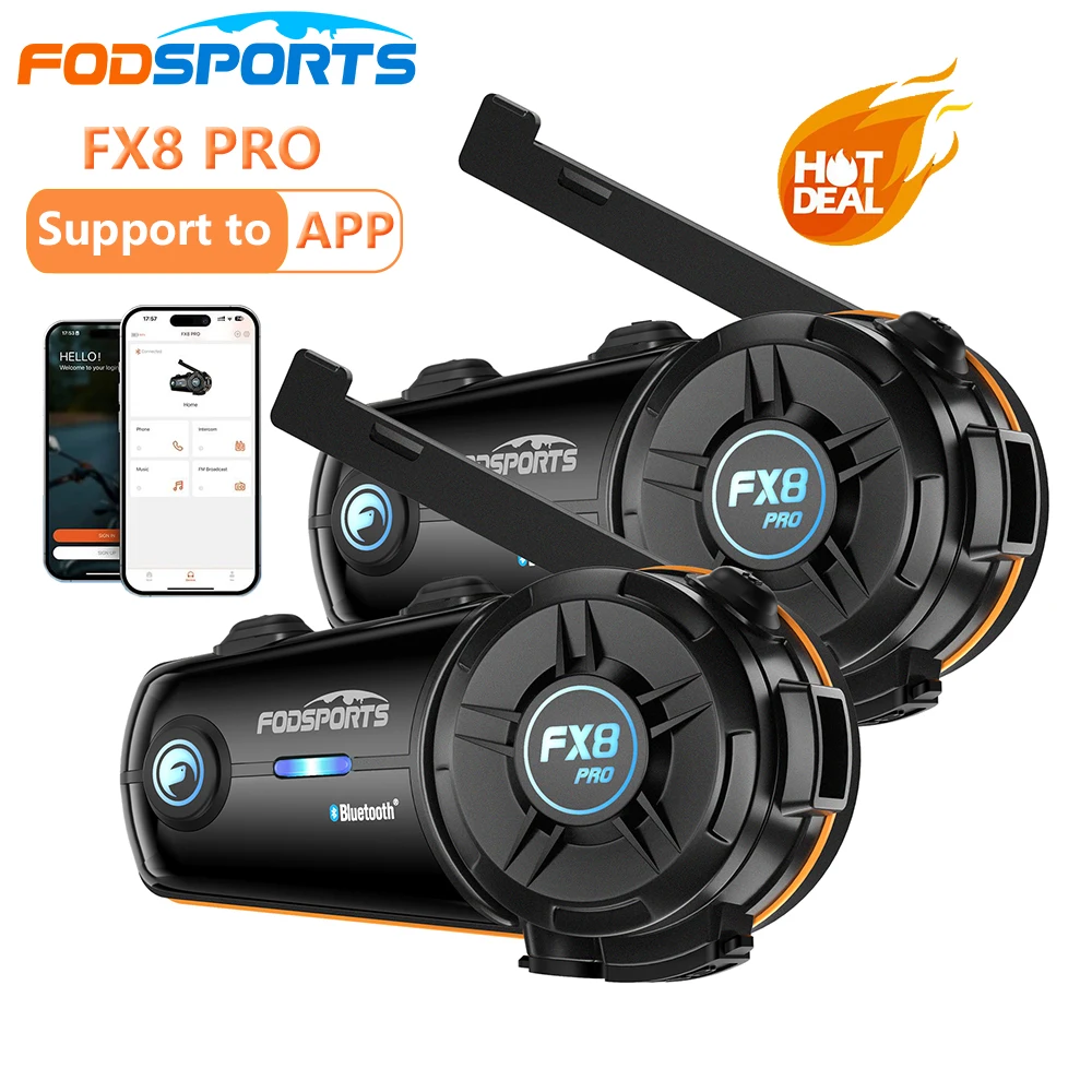 2 Stück Fodsports FX8 Pro 8-Fahrer 1000m Helm Motorrad Bluetooth Dual-Chip 5.4 Universelles Kabelloses Wasserdichtes Helm-Intercom