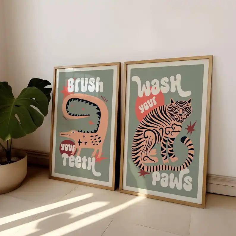 2pcs/set Tiger Wash Your Paws Bathroom Canvas Printing Funny Toilet Jungle Art Wall Art Poster for Modern Living Room Home Decor