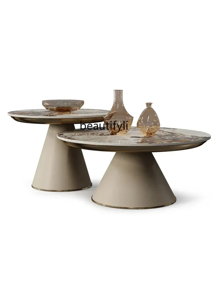 Mesa de centro cqylight moderna de lujo con placa de piedra redonda, mesa de centro italiana minimalista para apartamento pequeño, sala de estar, hogar, mesa de centro de alta calidad