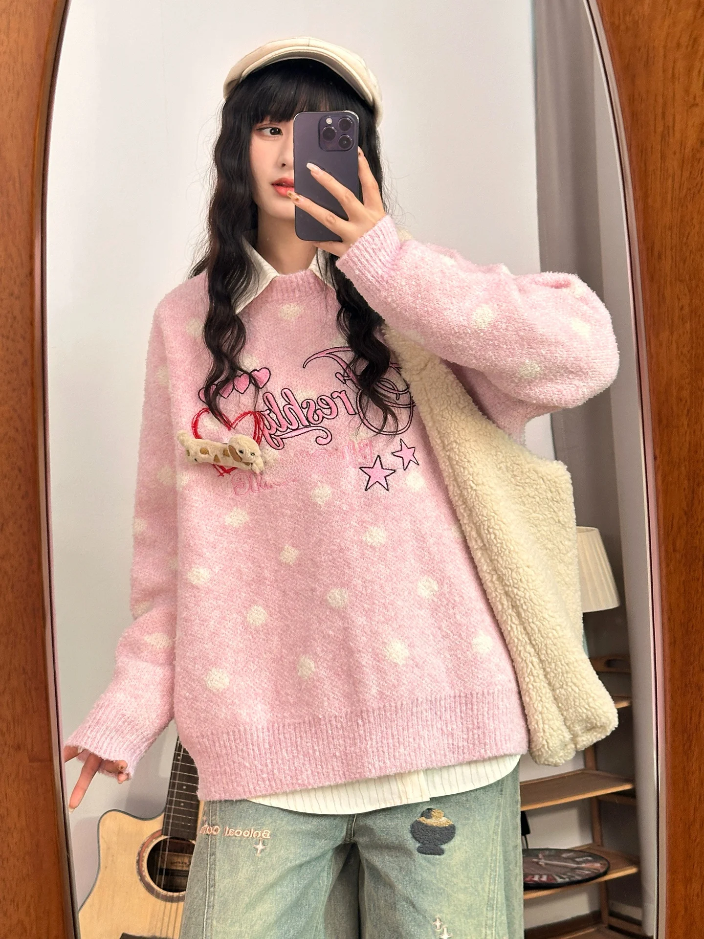 

Loose Women's Pink Knitted Sweater American Sle Street Faion Autumn Winter Casual Long Sve round Ne Top