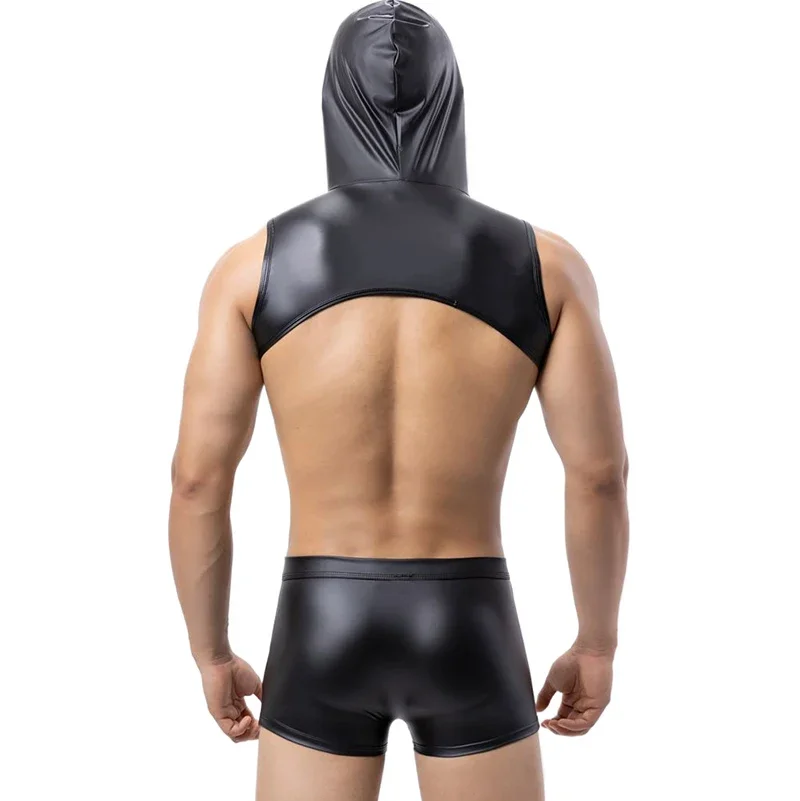 2XL Exotic Mens Hooded Chest Harness Boxer Shorts Teddies PU Leather Crop Tops Panties Trunks Gay Latex Nightclub Vest Shorts