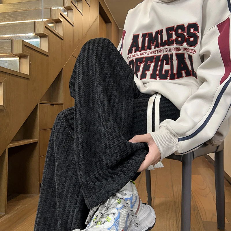 Autumn Casual Pants Men Fashion Retro Black Straight Wide Leg Pants Men Streetwear Loose Striped Pants Mens Vintage Trousers