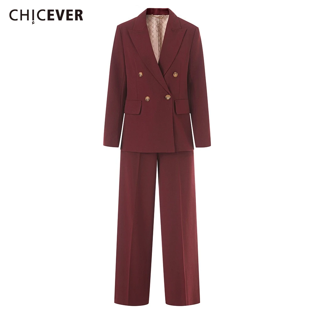 CHICEVER Solid Spliced Double Breasted Two Piece Set Female Lapel Long Sleeve Jacket Office Lady Women's Trousers Sets Fashion