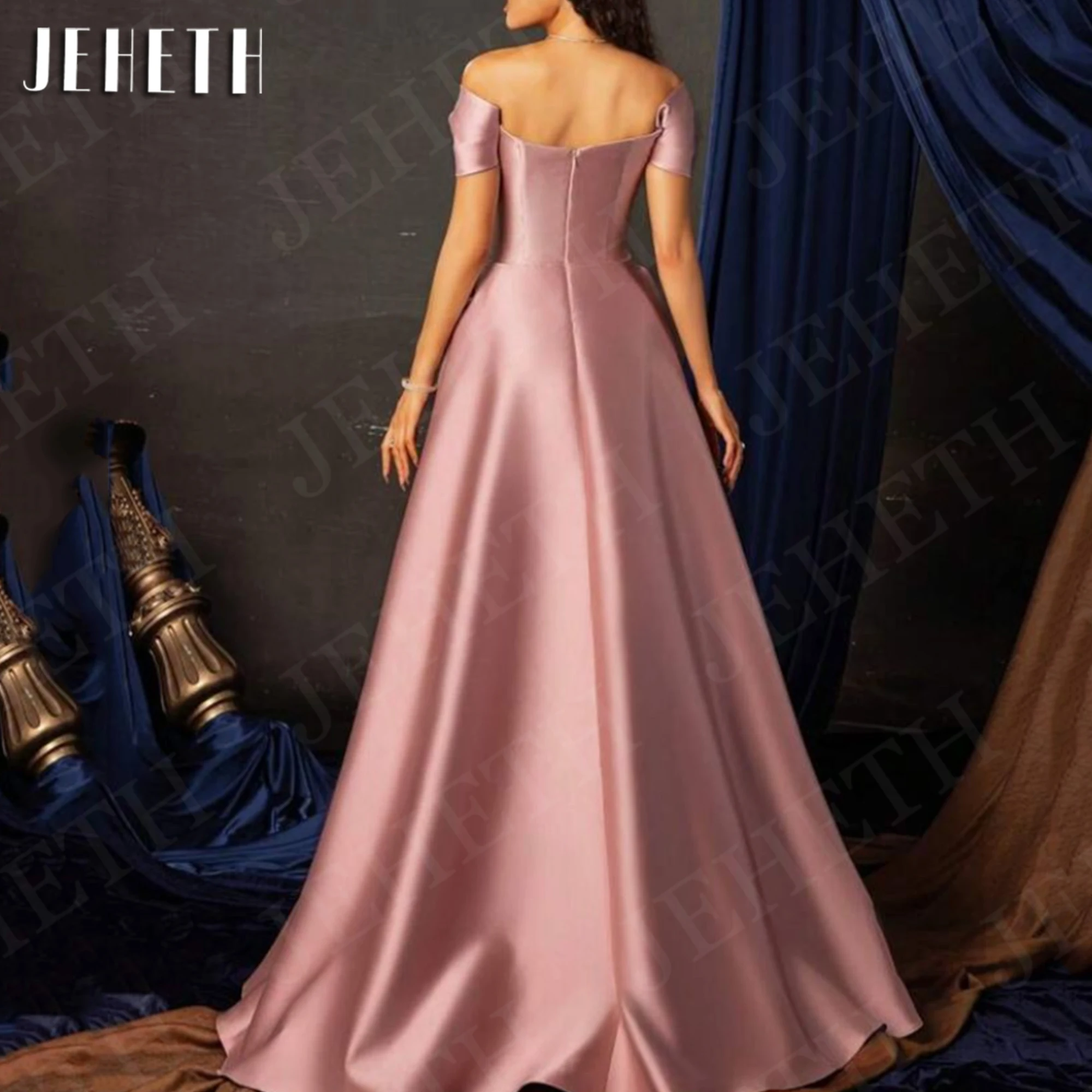 JEHETH Pink Off Shoulder Prom Dresses Woman High Low Satin A Line Formal Evening Party Dress Vestido De Fiesta Elegante De Noche