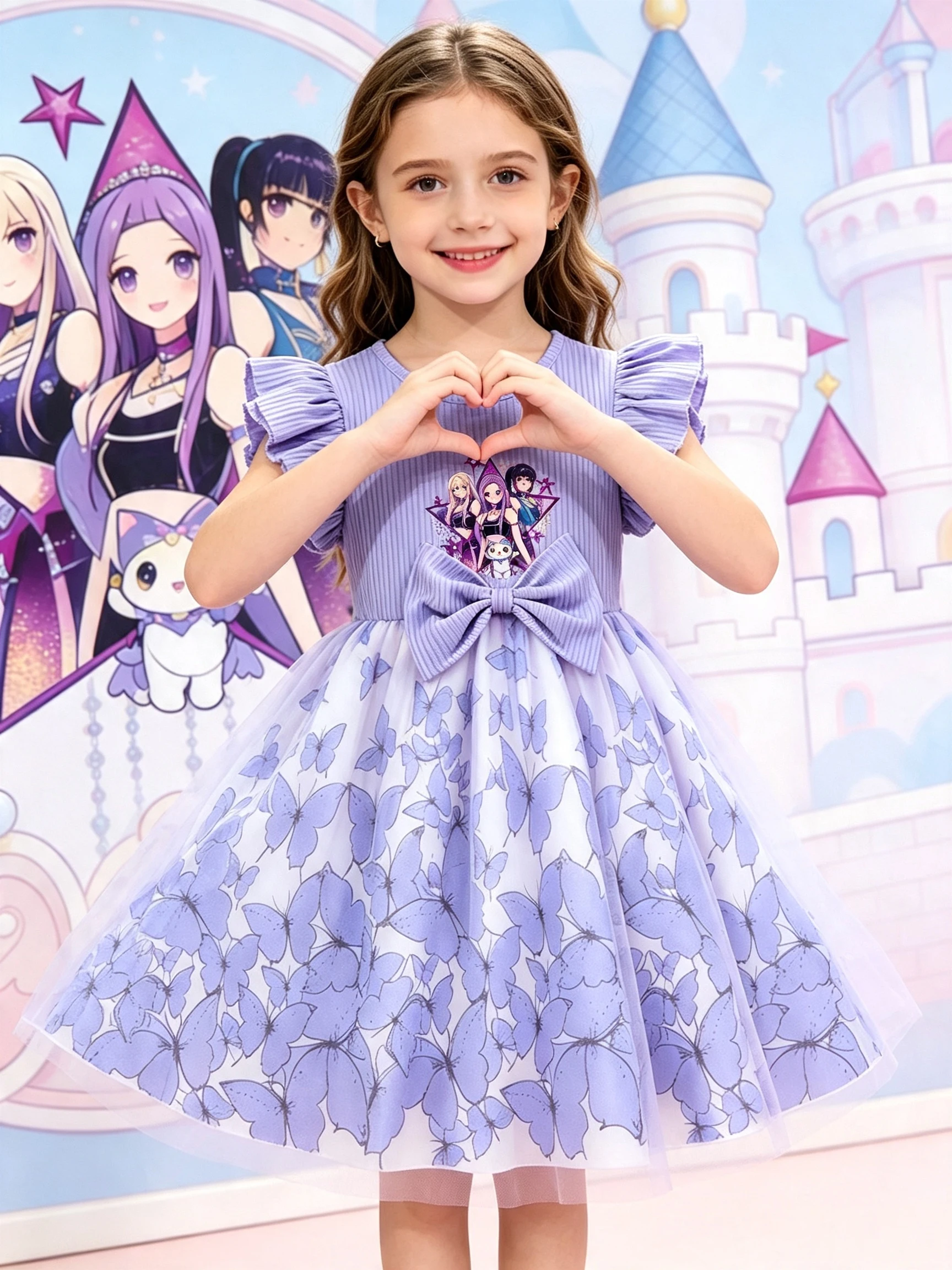 Girls' Cartoon Butterfly Print Tulle Dress, Purple Puff Sleeve Princess Dress with Big Bow, Summer Fluffy Tulle Skirt for Girls