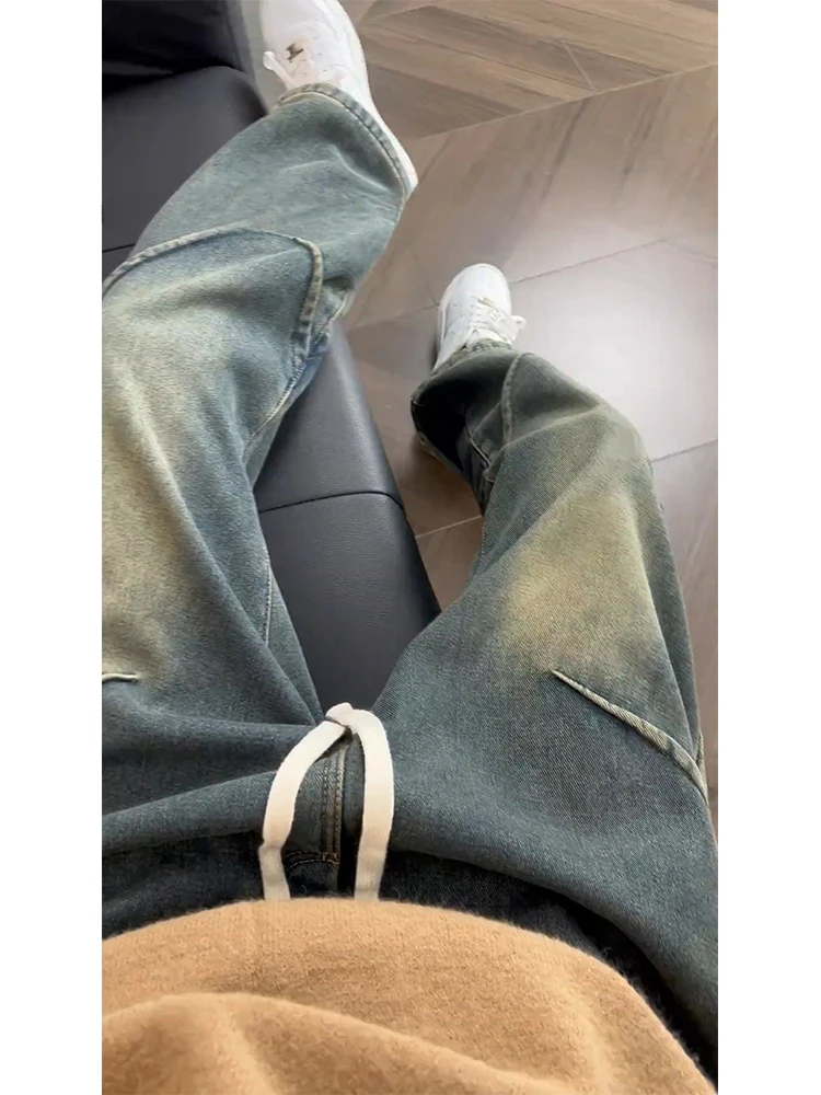 

Retro American Flared Jeans Men's Autumn Winter Crease Design Workwear Straight Leg Pants High Street Vibe Youth Faion