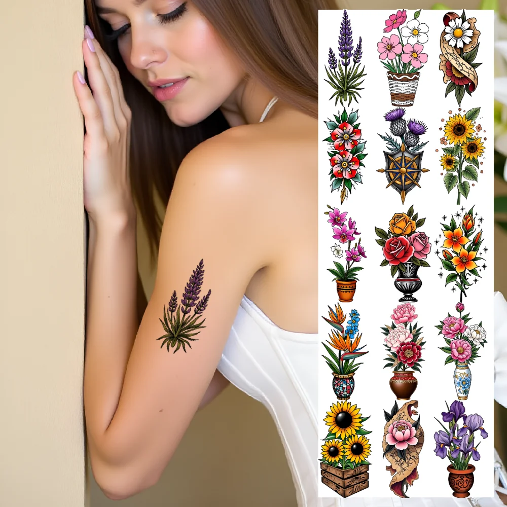 

28pcs Temporary Tattoo Temporary Tattoo Stickers Hydrangea Pot Sunflower Pot Bird Of Paradise Pot For Adults Men Arms