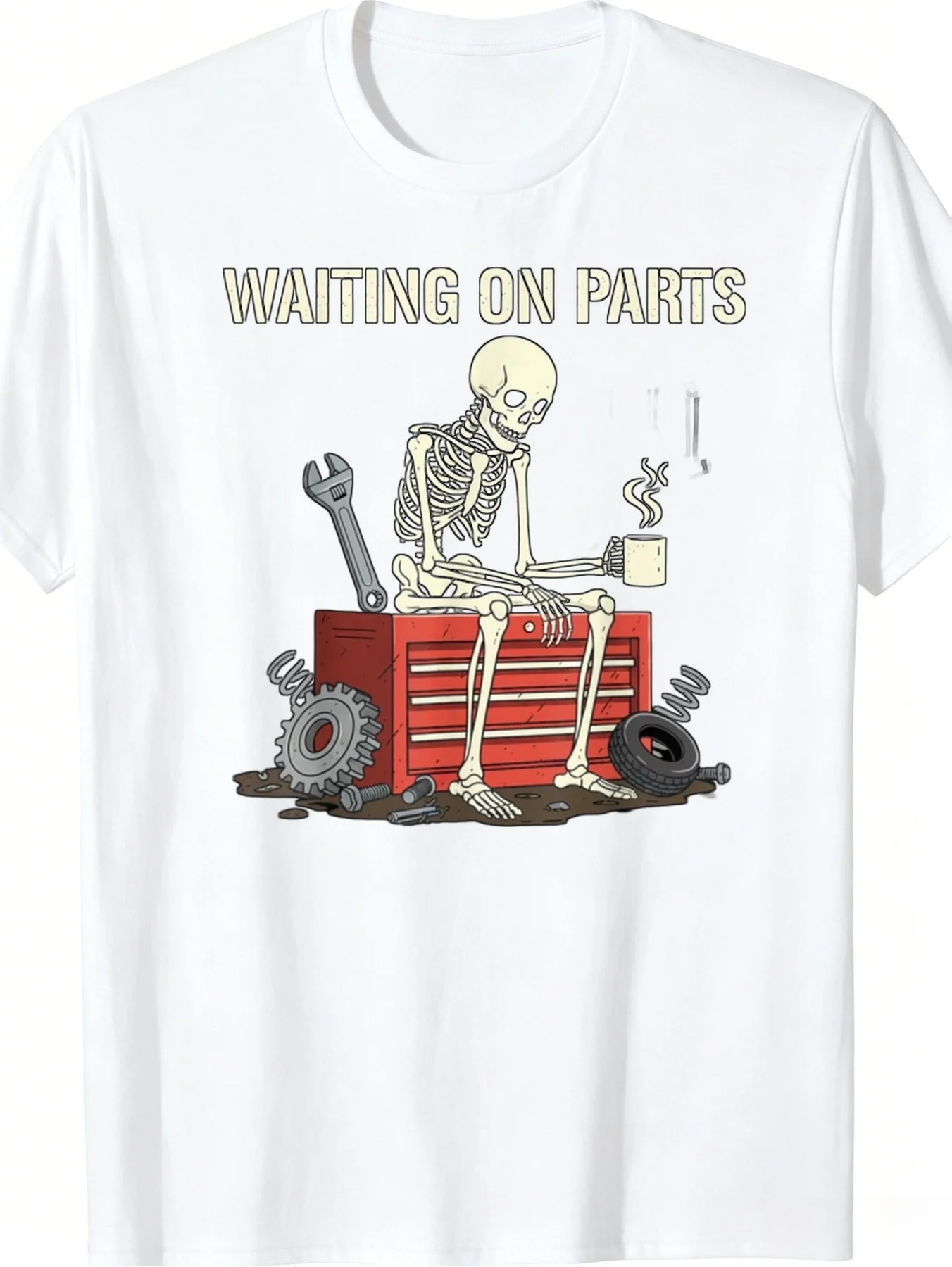 Mens Tshirt Humorous Style Waiting on Parts Print with Skeleton and Mechanic Tools Graphic Soft Breathable Cotton Blend Casual Crew Neck Tee for Auto Mechanics Car Repair Enthusiasts and Daily Wear
