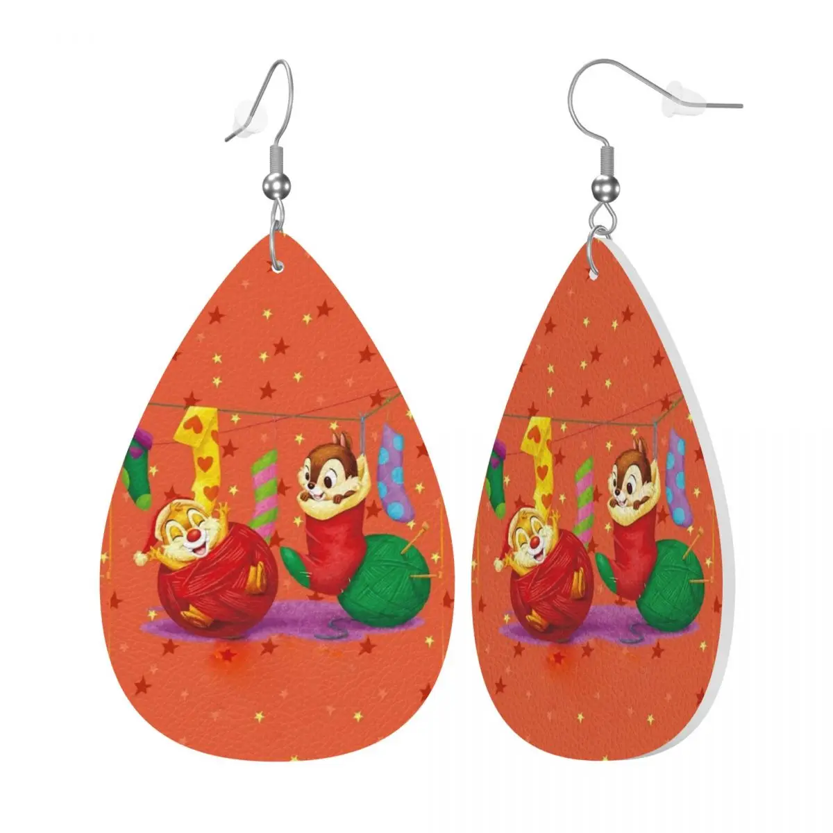 Custom Funny Cartoon Chip And Dale Leather Teardrop Earrings for Women Leather Earrings Fashion Lightweight for Parties Holidays