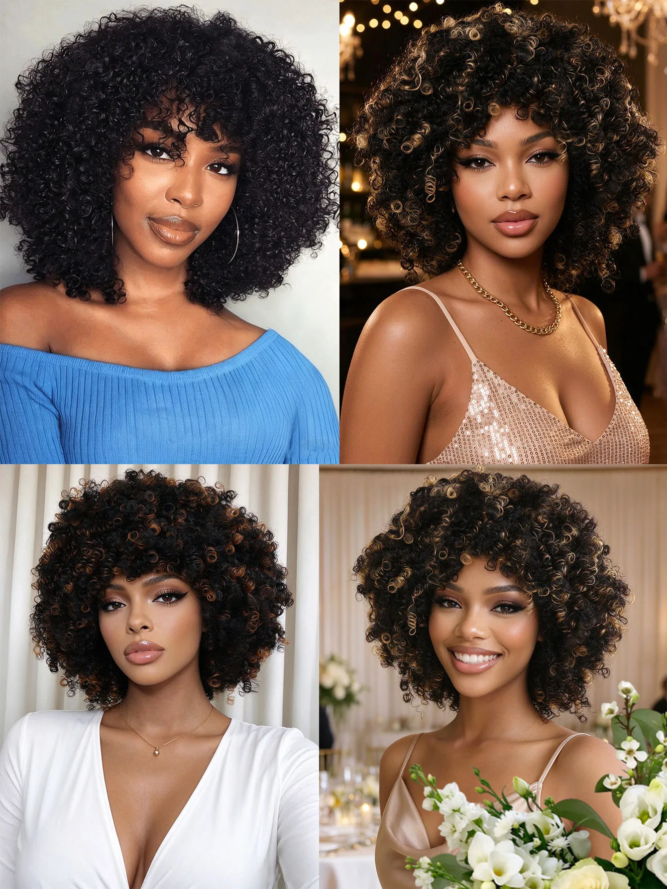 OLACARE 10Inch Afro Kinky Curly Hair Wigs With Bangs Soft Fluffy Synthetic Fiber None Lace Wigs For Party Cosplay Daily Use