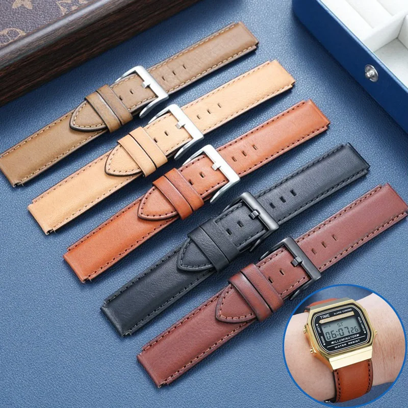 18mm Convex Cowhide Watch Strap for Casio Small Square A158/A159/A168/AE1200 F-91W Retro Vintage Leather Waterproof Watch Strap