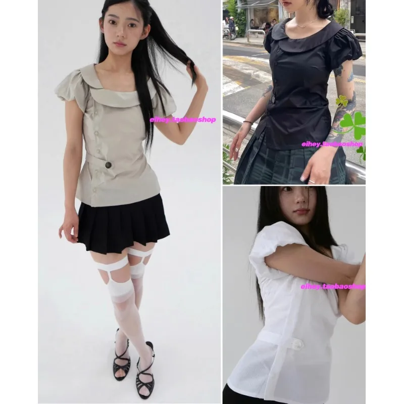 

Turn Down Collar Pleated Solid Color Casual Short-sleeved Shirt Women 2025 Summer New High Street Fashion All Match Button Tops