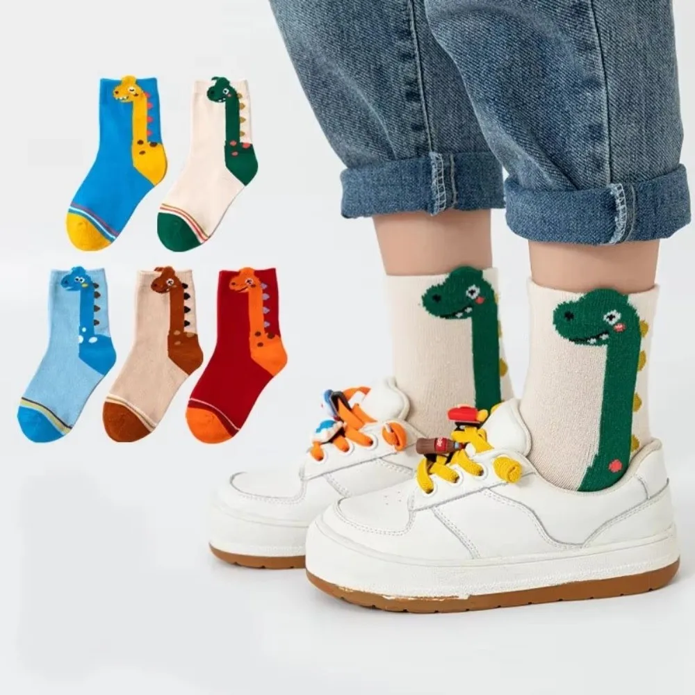 Fun Pattern 5 Pairs Pack Socks Soft Fabric Cotton Blend Cartoon Pattern Socks Breathable Dinosaur Socks Daily Wear