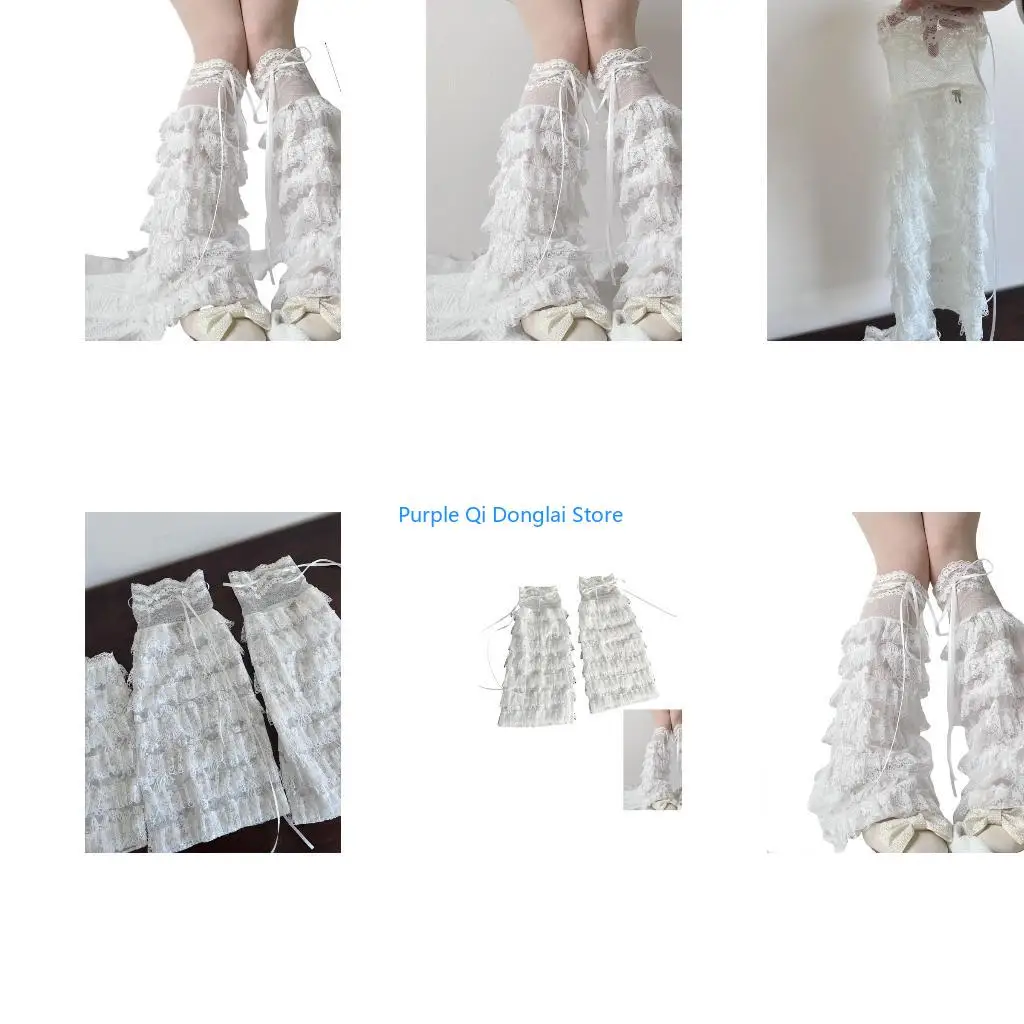 L21E Sweet Ruffle Lace Leg Sleeve with Ribbon Bowknot Mesh Long Leg Warmers for Women