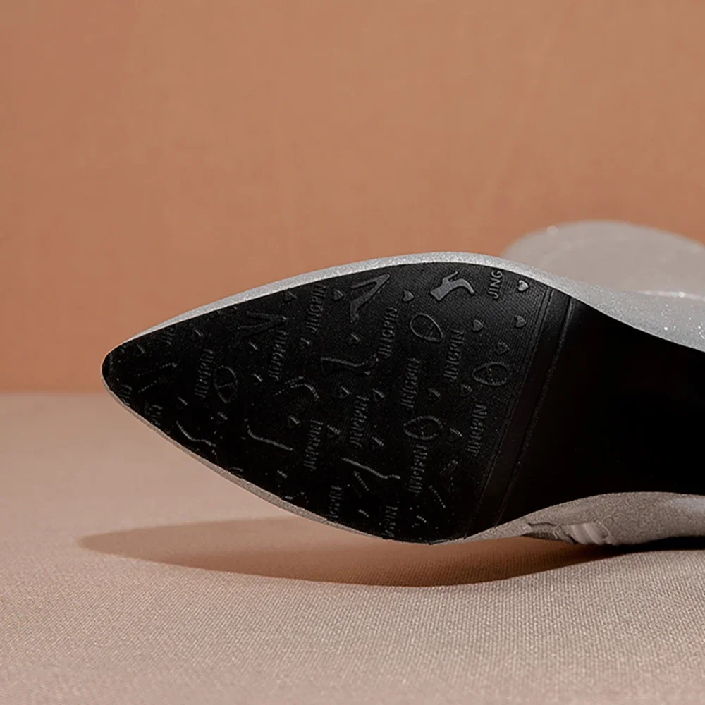 جديد الشتاء موجزة أسود فضي النساء حذاء برقبة للركبة أشار تو سبايك الكعوب سيدة أحذية زائد صغيرة كبيرة الحجم 12 32 42 45 48