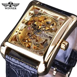 Vincitore 02A Quare Top Brand Manuale Vento Geometria Design Scheletro trasparente Orologio da uomo Orologio meccanico automatico di moda di lusso