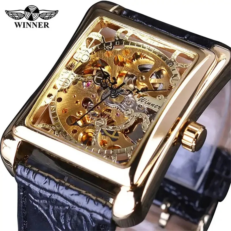 Winner 02A Quare Top Brand Manual Wind Geometry Design Transparent Skeleton Mens Watch Luxury Automatic Fashion Mechanical Watch