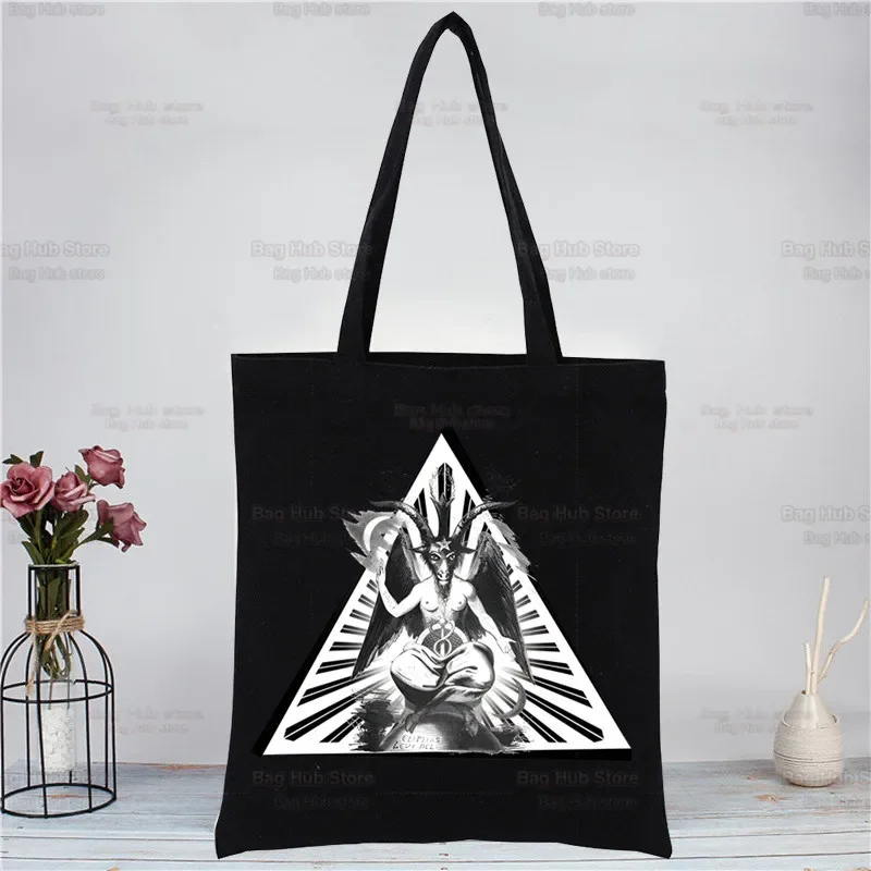 Baphomet Occult Goat Shopping Black Bags Canvas Tote Bag Reusable Satan Demon Ghost Cloth Bag Handbag Scary Evil Shoulder Bags