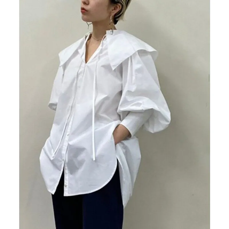 

Рубашка SuperAen с отстегивающимся воротником, высококачественная хлопковая винтажная свободная рубашка с рукавами-фонариками для женщин