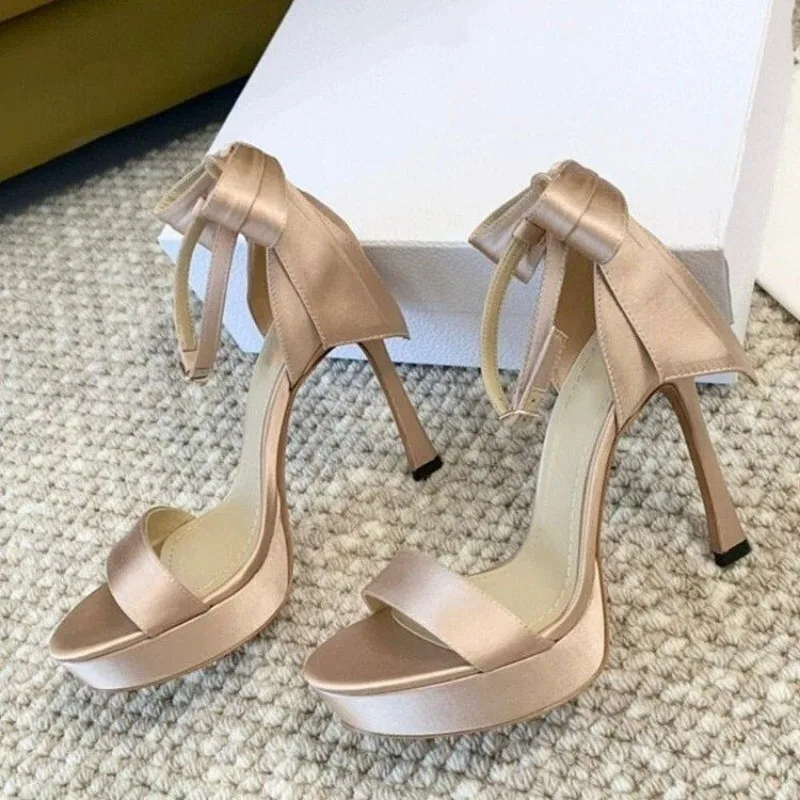 French Champagne Colored Bow Heels Women'S Stiletto Lolita Ballet Party One-Line Buckled Sandals