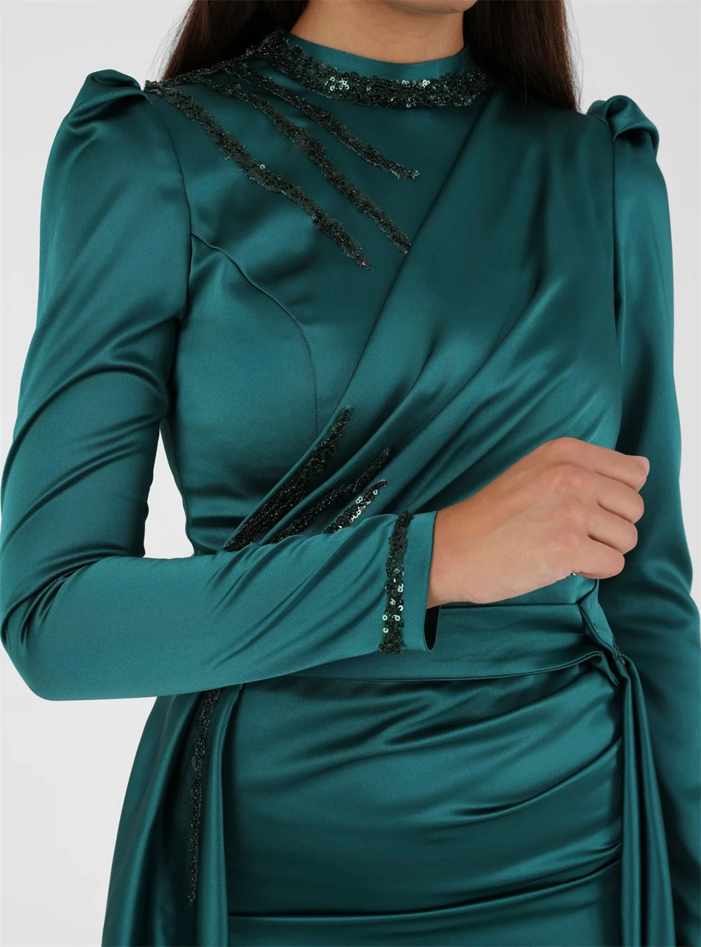 Amanda Modest Long Sleeve Prom Dress Green Silk Evening Dress With Removable Train High Neck Party Dress فساتين مناسبة رسمية