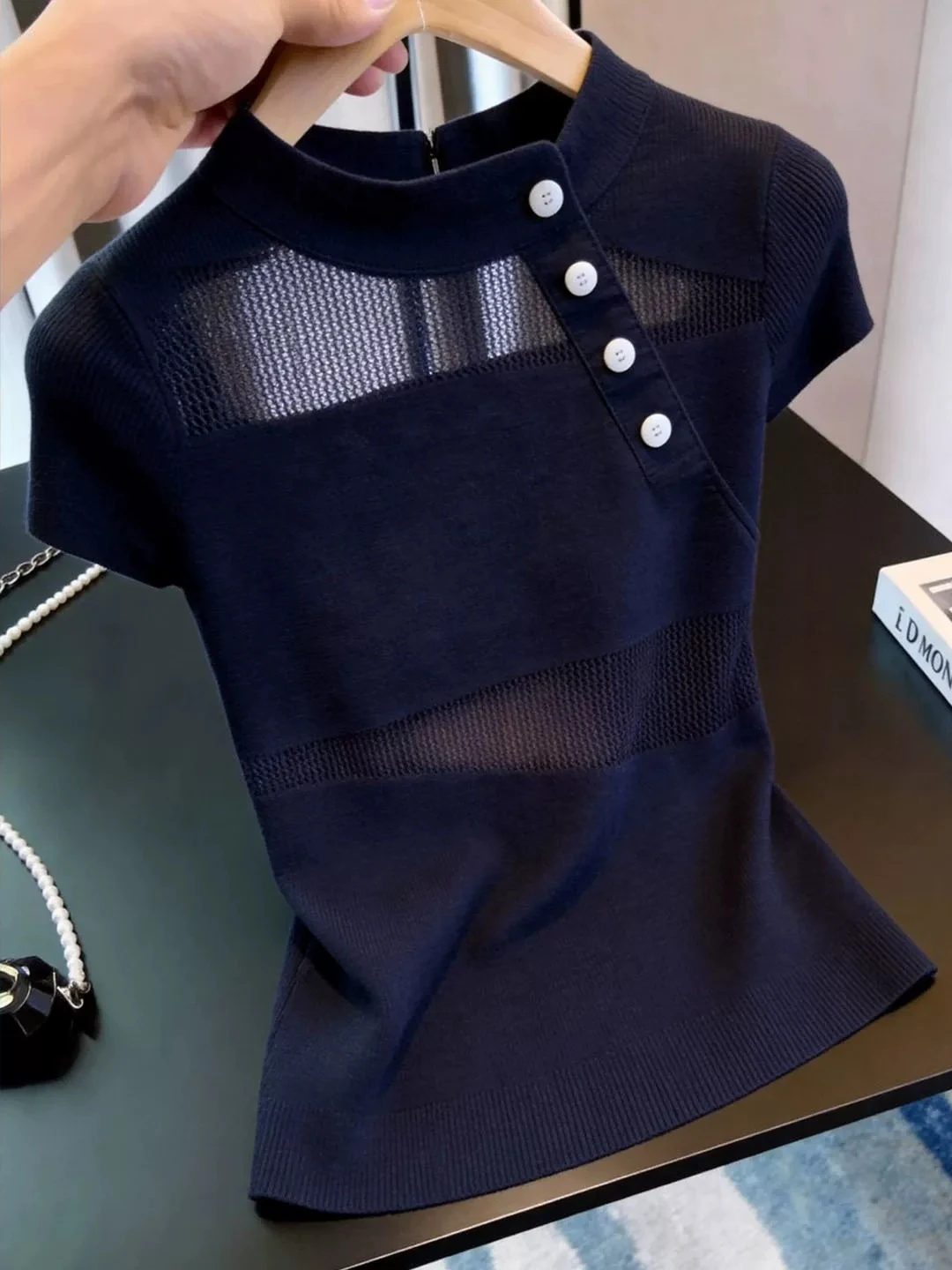 

Unique Ice Silk Hollow out Knitted Summer Top Women's Fashionable Short Sleeve Overhead Pullover Korean Style Straight Cut