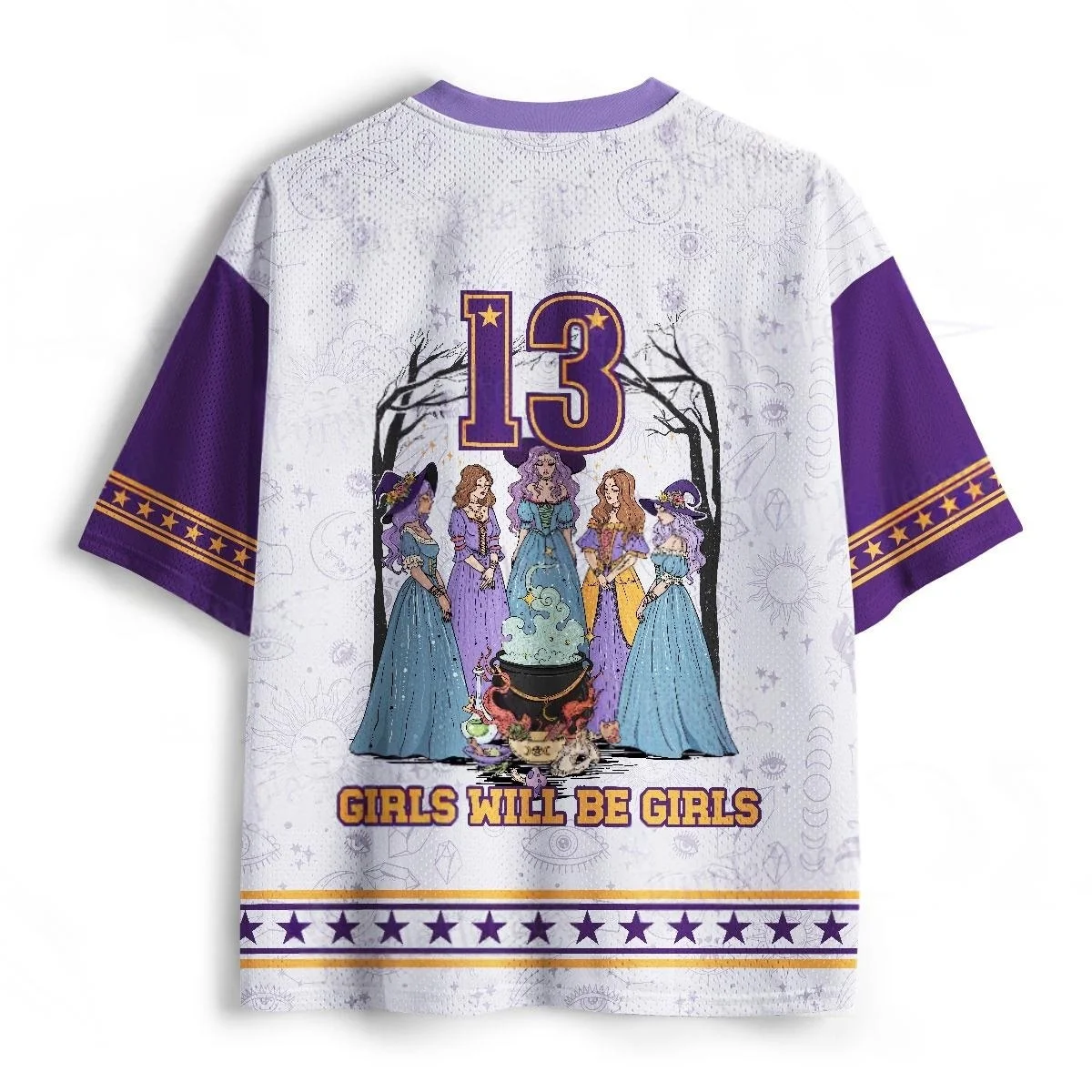 Number 13 Five Witches Magic Cauldron Football Jersey Purple White Sun Moon Print V Neck Halloween Witchy Sports Jersey Tee
