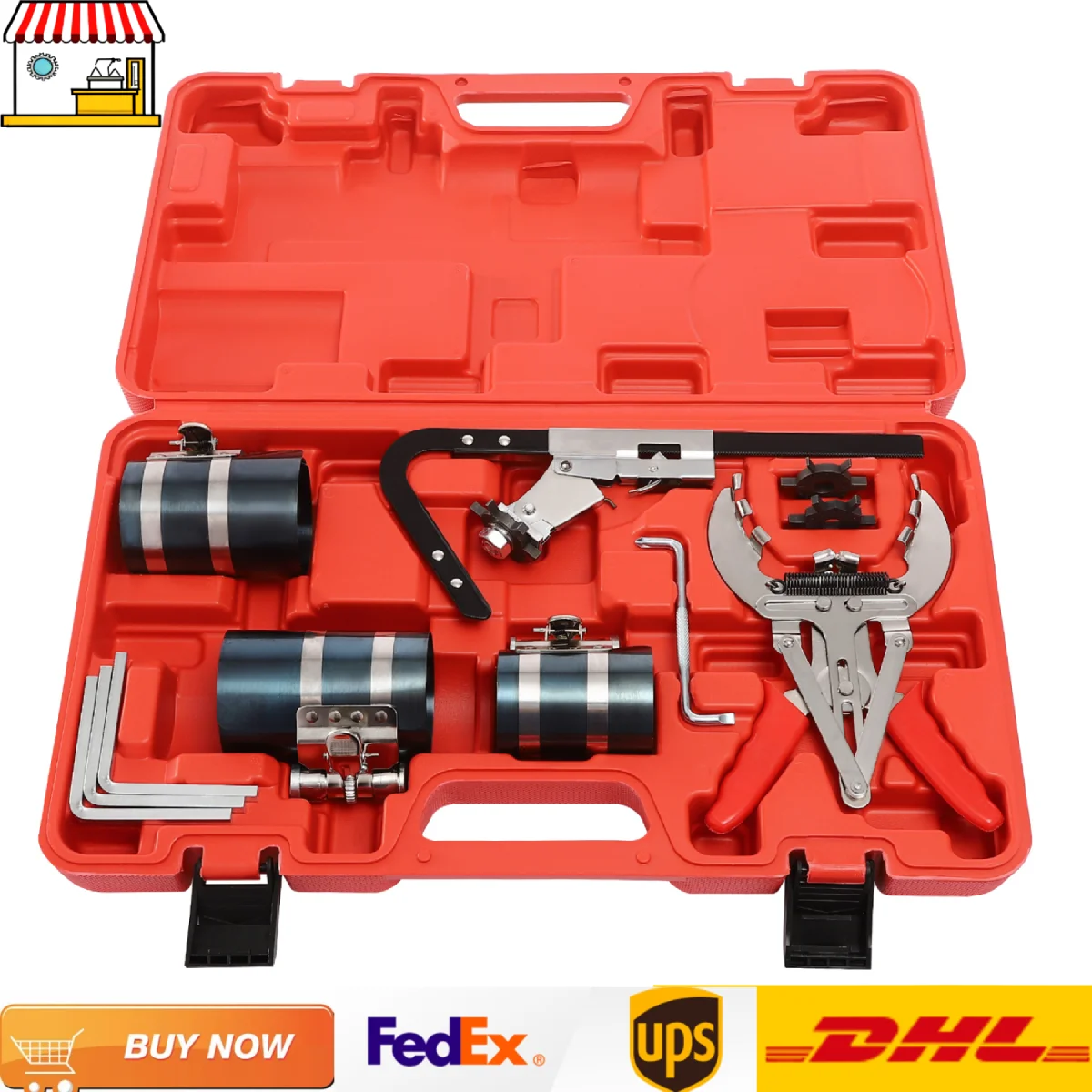 Set di strumenti di smontaggio/assemblaggio fasce elastiche di bloccaggio da 50-100 mm |   Compressori per fasce elastiche + pinza + detergente per scanalature