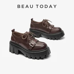 BEAUTODAY Derby Shoes Women Calfskin Leather Belt Buckle Thick Sole Solid Color Lace-Up Autumn Ladies Oxfords Handmade 21965