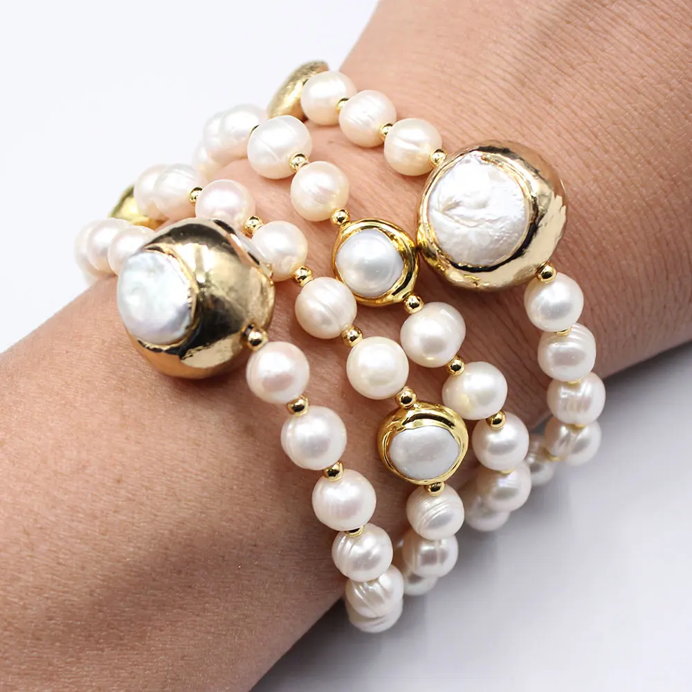 4 Strands Natural Freshwater Cultured White Pearl Gold Color Plated Keshi Pearl Bracelet 8