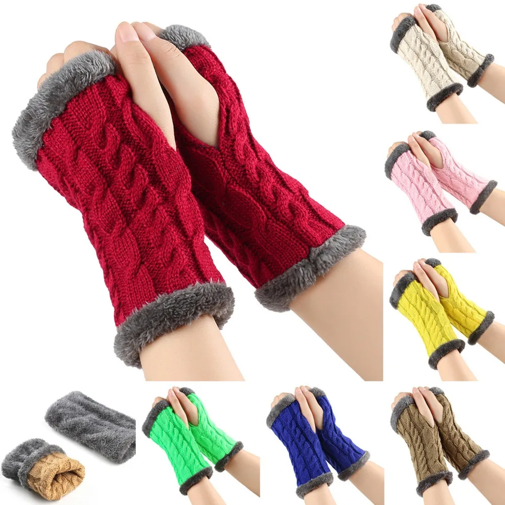 Warmth Plus Velvet Lined Twist Knit Fingerless Gloves Soft Thick Coldproof Skin Friendly Wrist Cover for Outdoor Activities