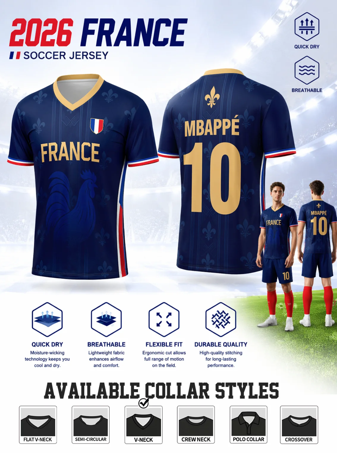 Athletic‑fit France soccer top with gold neck trim, elastic material for unrestricted sports moves