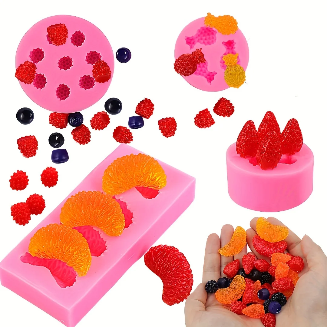 4pcs simulation fruit series, 3D mini strawberry orange blueberry raspberry mulberry fruit pendant silicone mold, fruit decorati