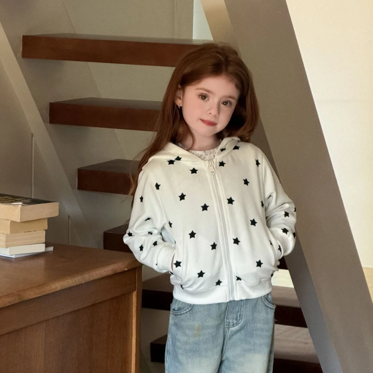 

Children Clothes Girls Casual Jacket 2026 Spring New Style Retro Full Star Printed Zipper Fashionable Cardigan Hooded Jacket