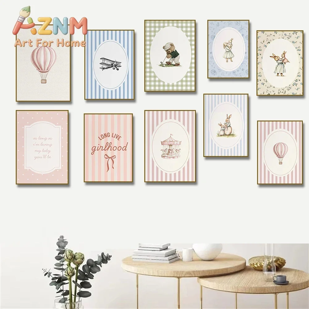 Pink Carousel Hot Air Ballon Bear Rabbit Girlhood Airplane Poster Canvas Painting Print Wall Art Pictures Decor