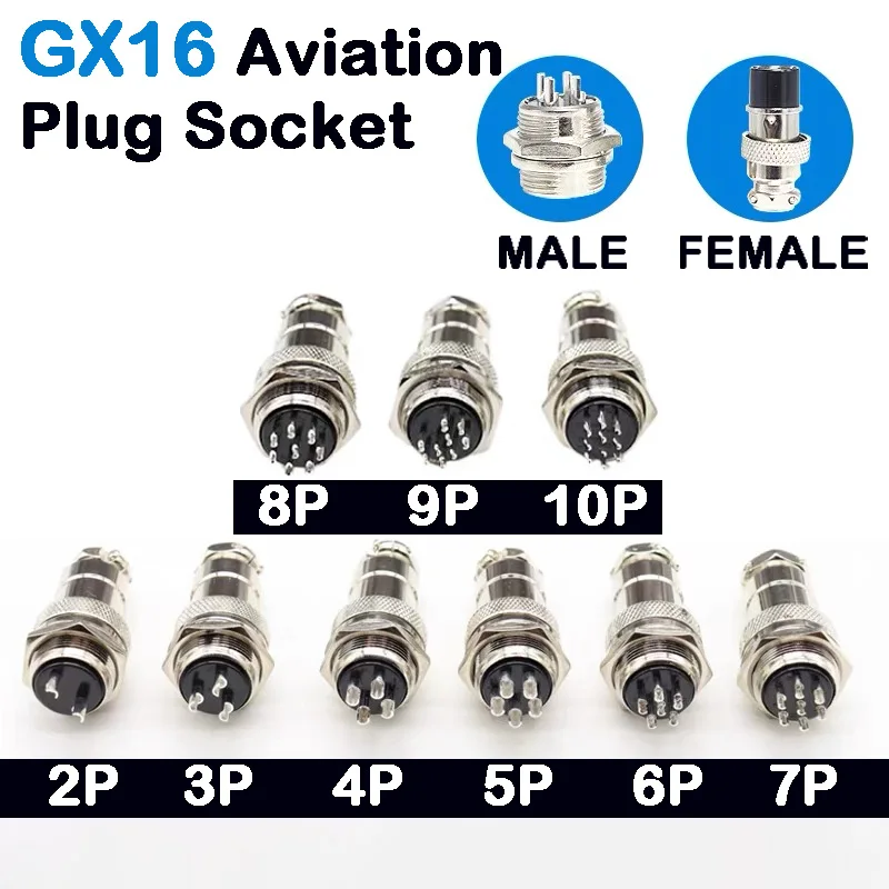 5pcs Aviation Socket Plug GX16 2/3/4/5/6/7/8/9/10 Pin Nut type Male & Female 16mm Circular Panel Aviation Connector