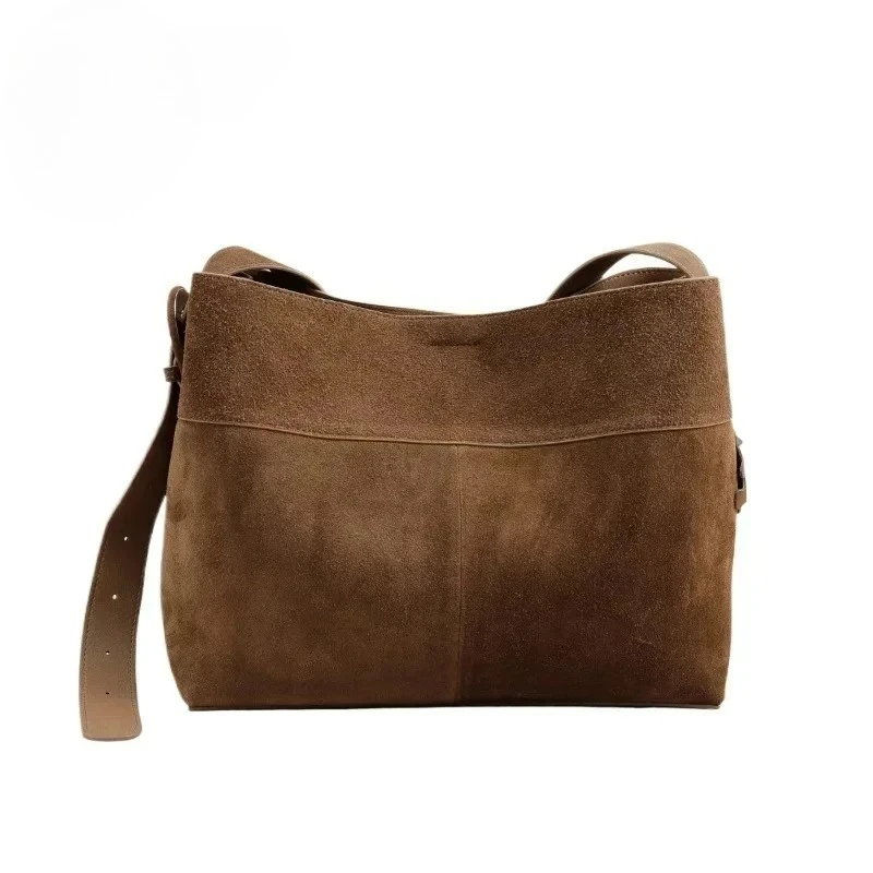 New Winter Matte Suede Cow Leather Women Tote Coffee Retro High-end Warm Color Female Shoulder Bag Huge Commute Travel Handbag